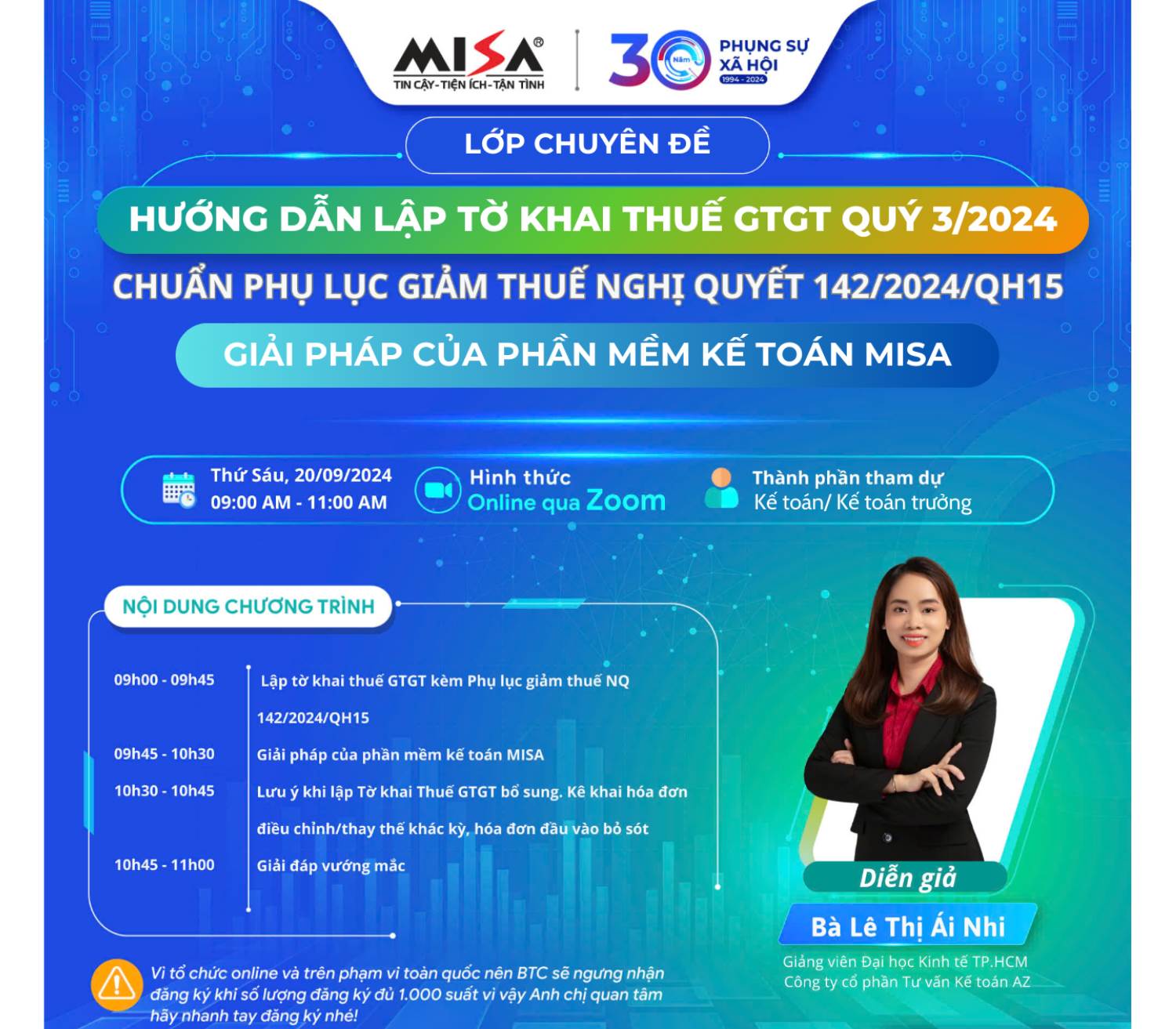 [Webinar] HƯỚNG DẪN LẬP TỜ KHAI THUẾ GTGT QUÝ 3/2024 THEO NGHỊ QUYẾT 142/2024/QH15- GIẢI PHÁP CỦA PHẦN MỀM KẾ TOÁN MISA